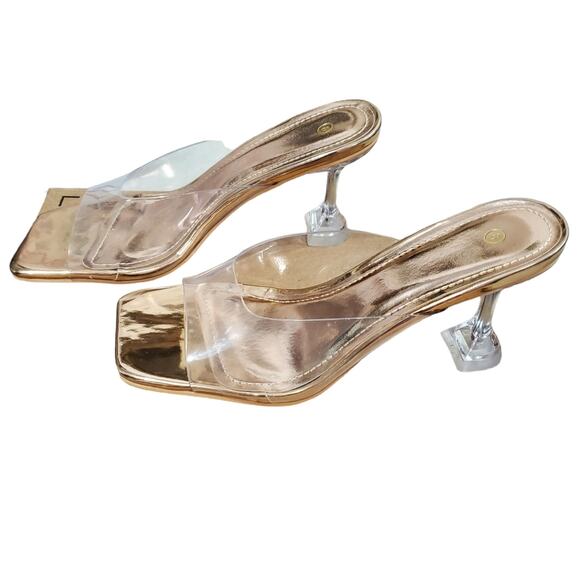 SQUARE TOE CLEAR HEEL SANDAL SIZE 8 TRENDY GEOMETRIC HEELS GOLD FOOTBED - Picture 1 of 8